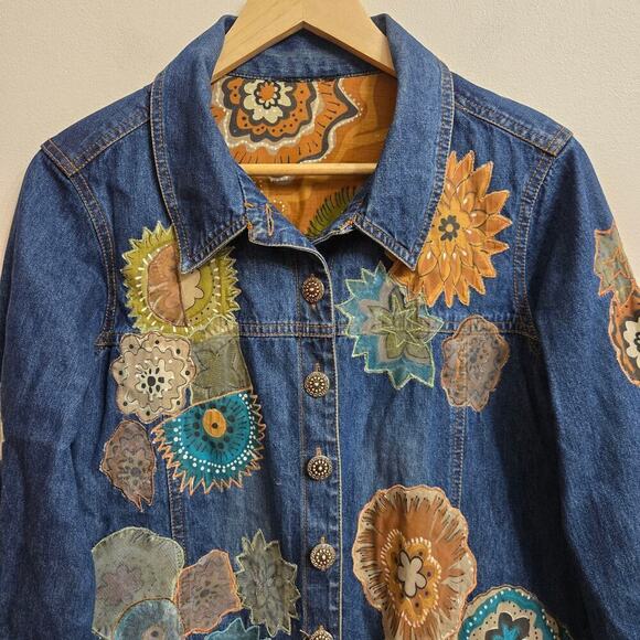 Vintage 90s Y2K Womens Floral Embroidered Denim Jacket Size Medium Boho Cottage - Picture 5 of 11